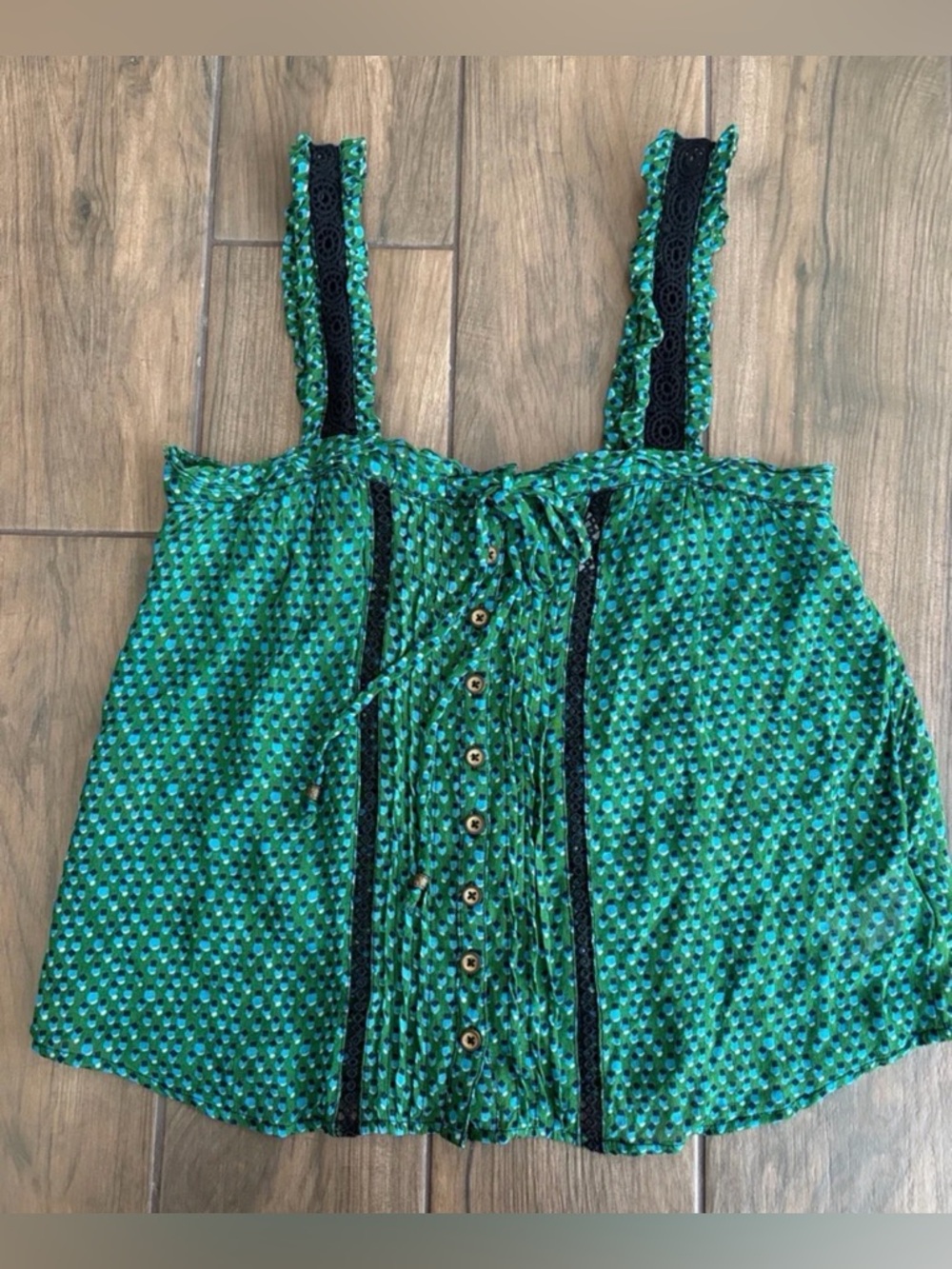 Anthropologie Green and Teal Patterned Button-Front Tank